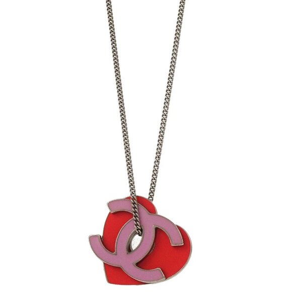 Chanel CC Heart Chain Necklace Silver Pink 04P - Picture 1 of 4